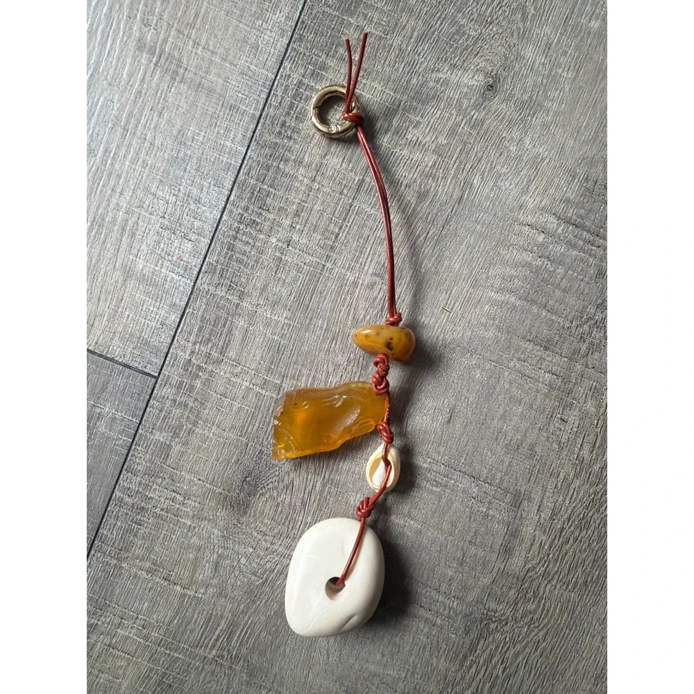 Ulla Johnson Bag Charm Leather Amber Shell Stone Keychain Terracotta Gold Tone